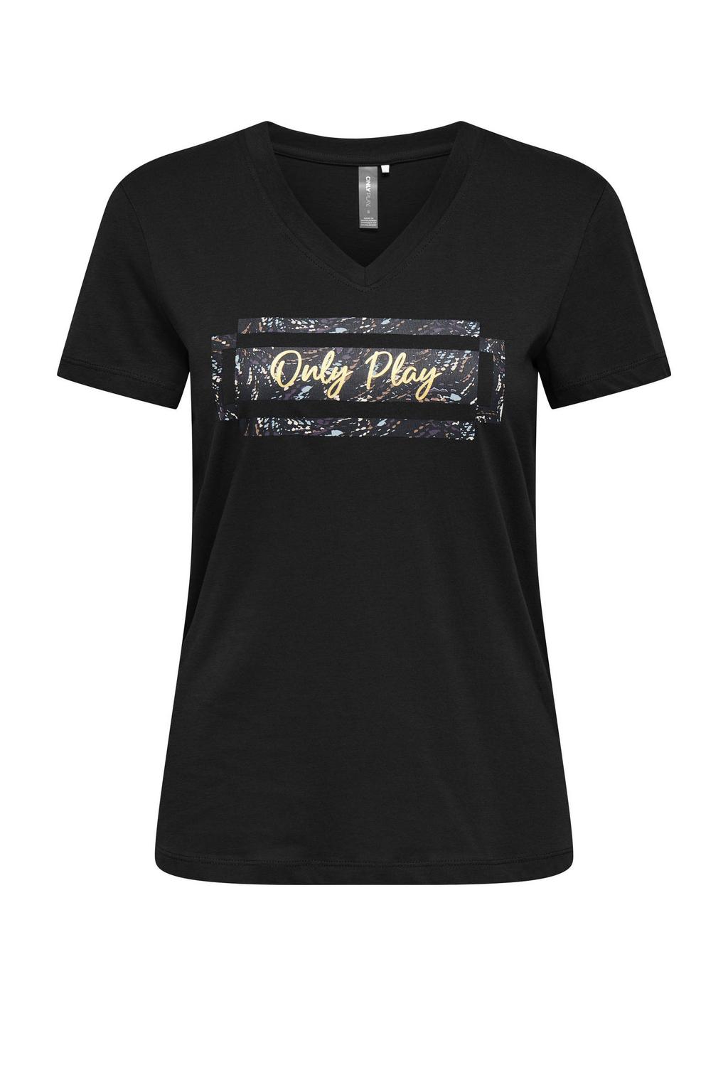 Zwarte dames ONLY PLAY sport T-shirt van katoen met korte mouwen en V-hals