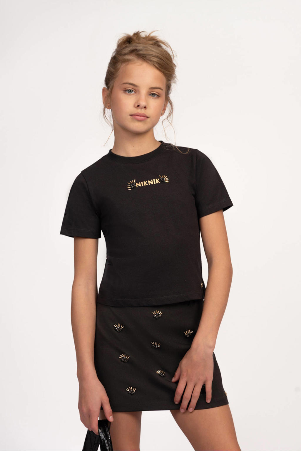 Zwarte meisjes NIK&NIK T-shirt van katoen met effen, korte mouwen, ronde hals en strass steentjes