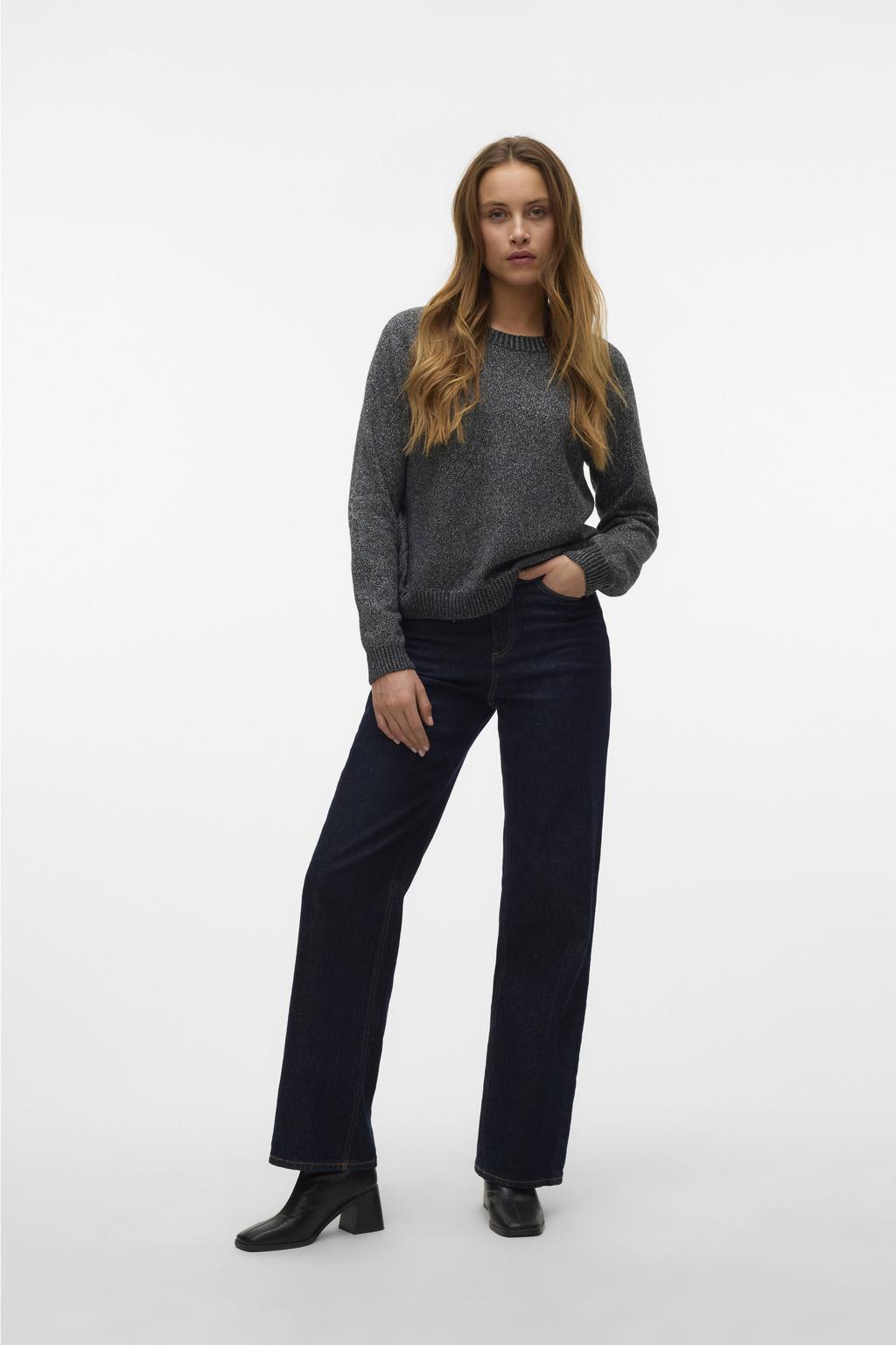 Grijs melange dames VERO MODA pullover melange van polyester met effen, lange mouwen, ronde hals en geribde boorden