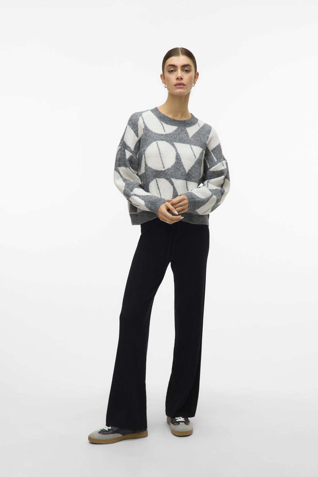 Grijs en ecru dames VERO MODA trui gebreid van polyester met lange mouwen en ronde hals