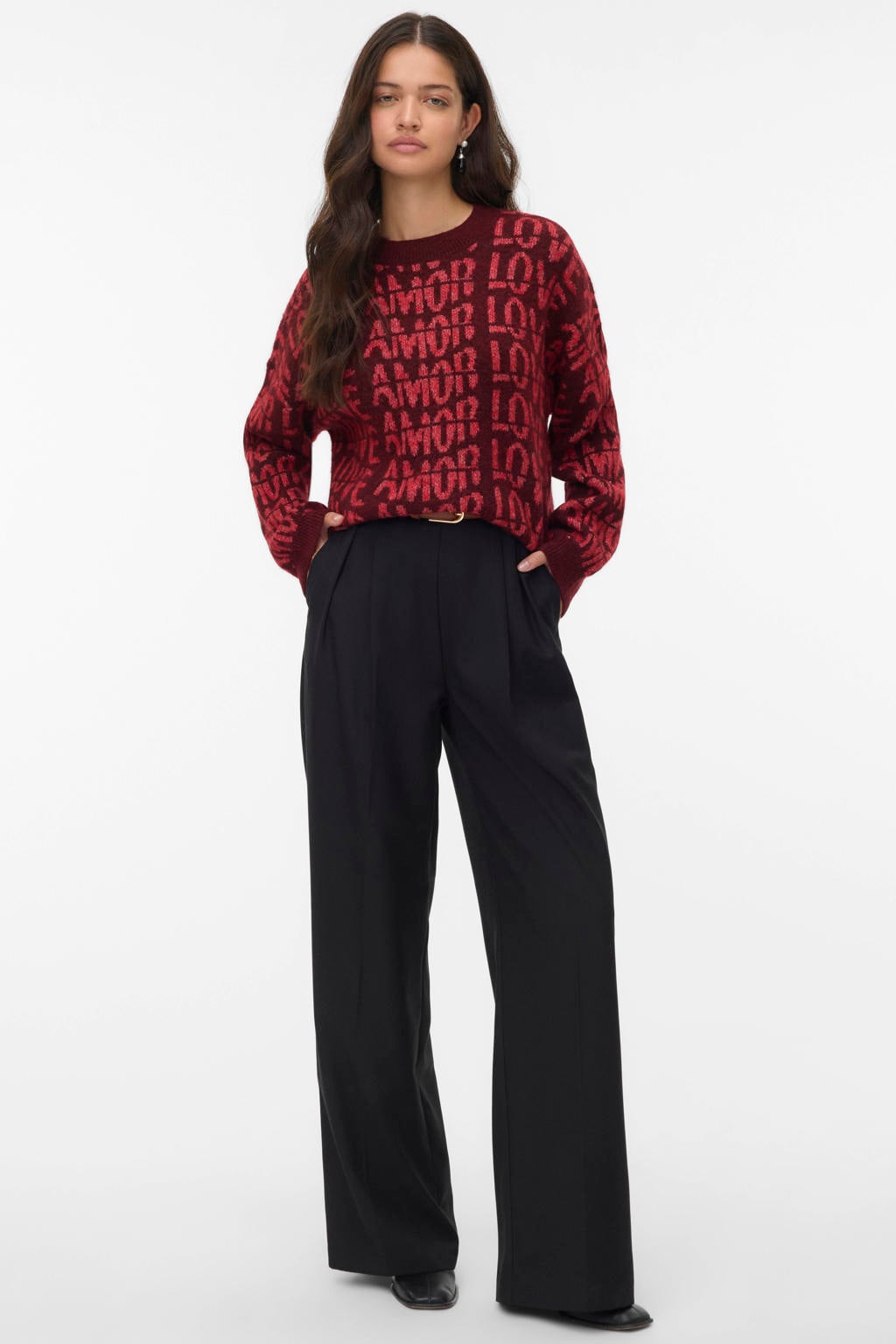 Donkerrood, rood en zwarte dames VERO MODA trui gebreid van polyester met lange mouwen en ronde hals