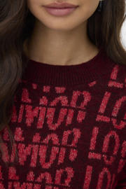 thumbnail: Donkerrood, rood en zwarte dames VERO MODA trui gebreid van polyester met lange mouwen en ronde hals