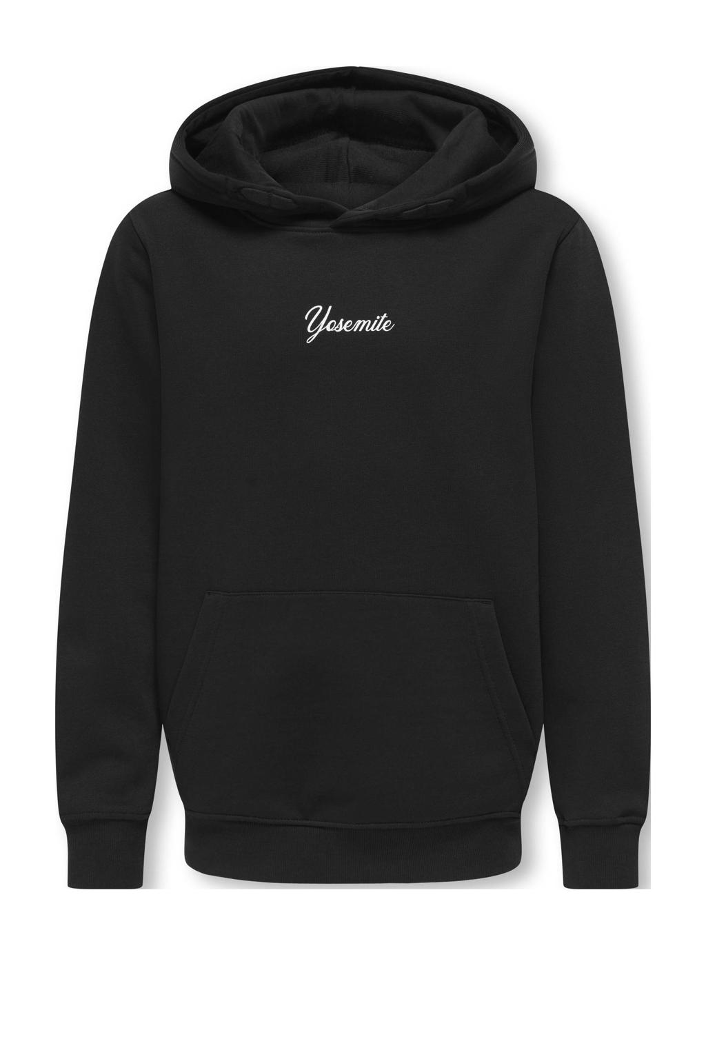 Zwarte jongens ONLY & SONS JUNIOR hoodie van sweat materiaal met backprint, lange mouwen en capuchon