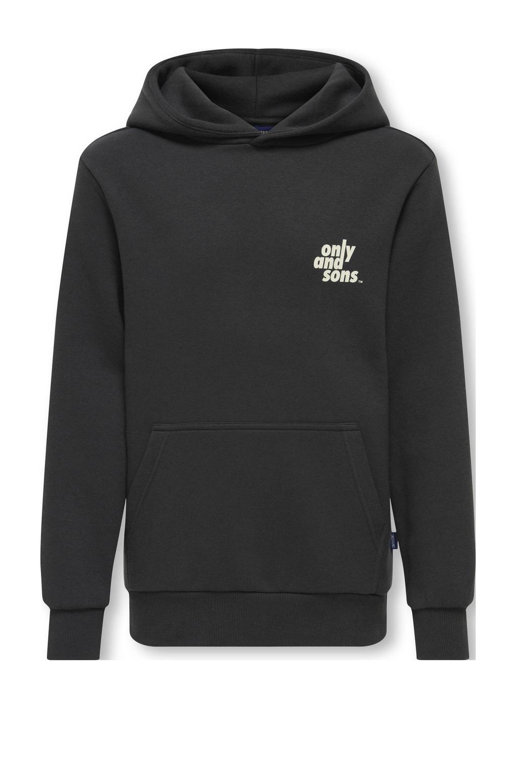 Antraciete jongens ONLY & SONS JUNIOR hoodie van sweat materiaal met backprint, lange mouwen en capuchon