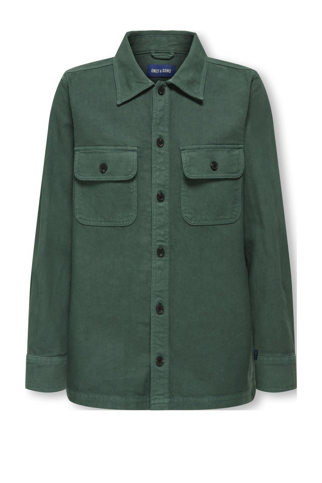 Donkergroene jongens ONLY & SONS JUNIOR overhemd van katoen met effen, lange mouwen, klassieke kraag, knoopsluiting en geweven detail