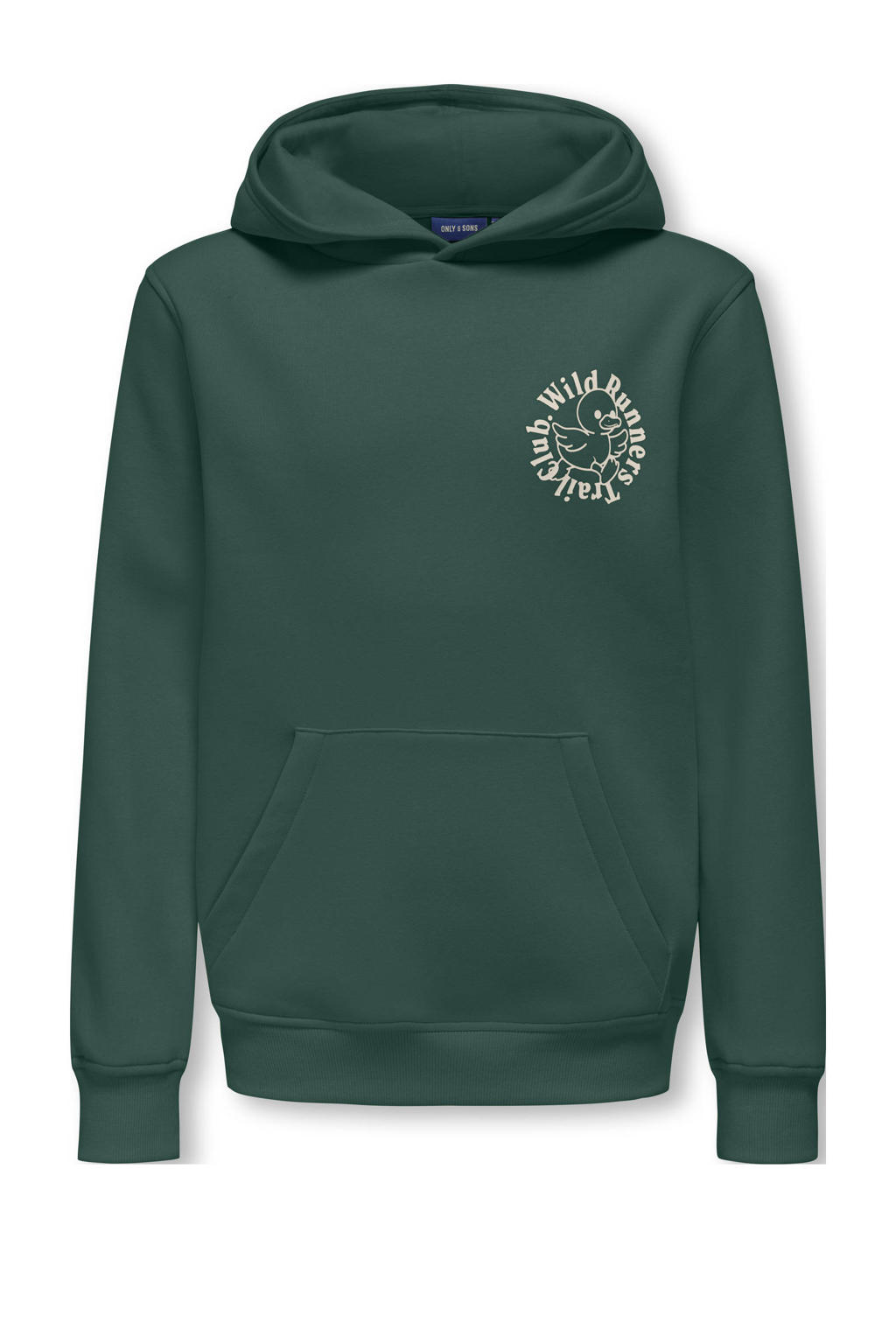 Donkergroene jongens ONLY & SONS JUNIOR hoodie van sweat materiaal met backprint, lange mouwen en capuchon