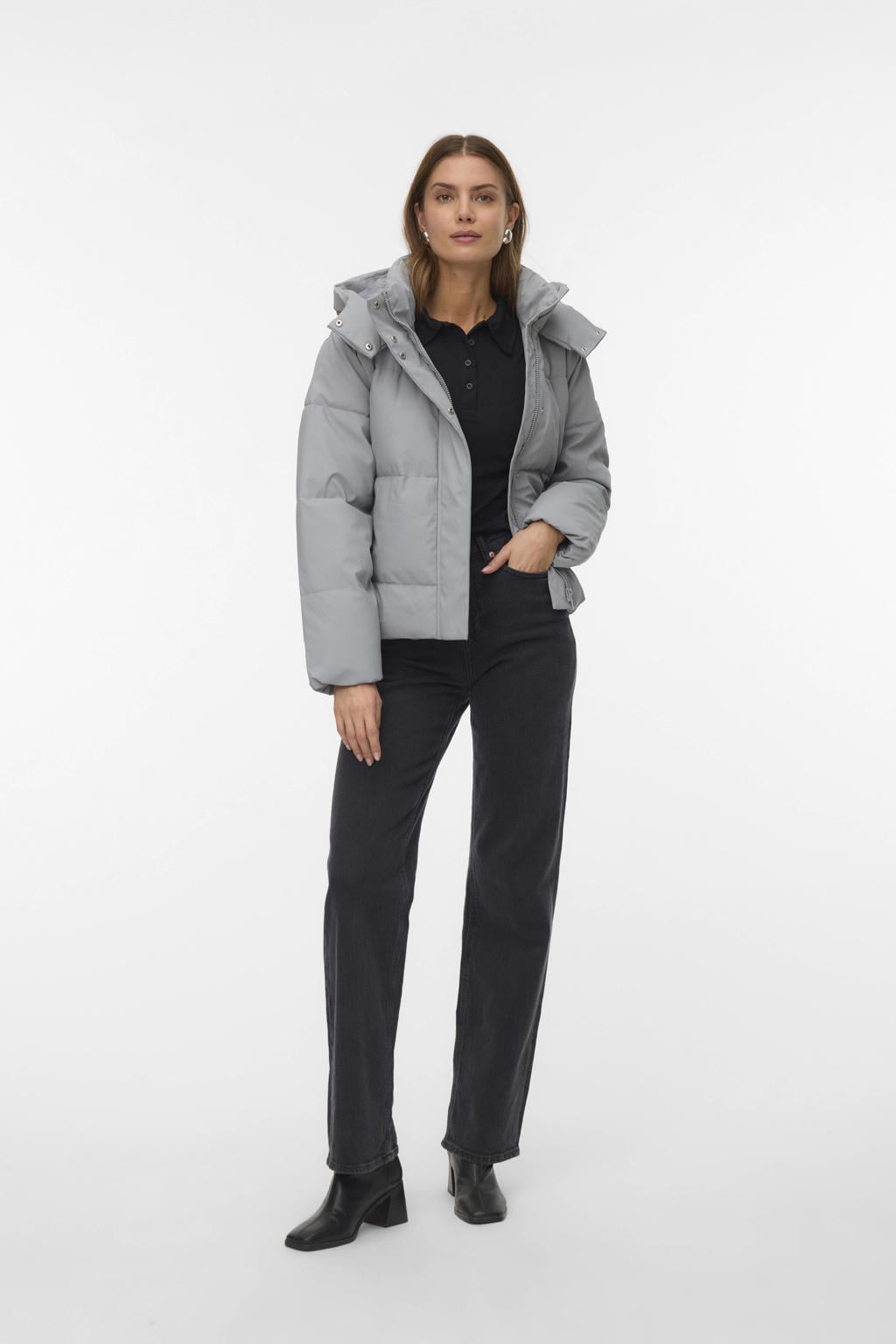 Grijze dames VERO MODA gewatteerde jas van polyester met effen, lange mouwen, capuchon en rits- en drukknoopsluiting