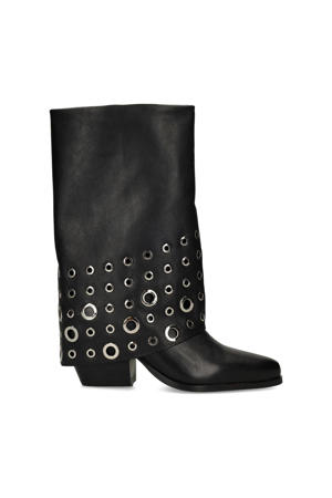 leren halfhoge laarzen met flap en eyelets zwart