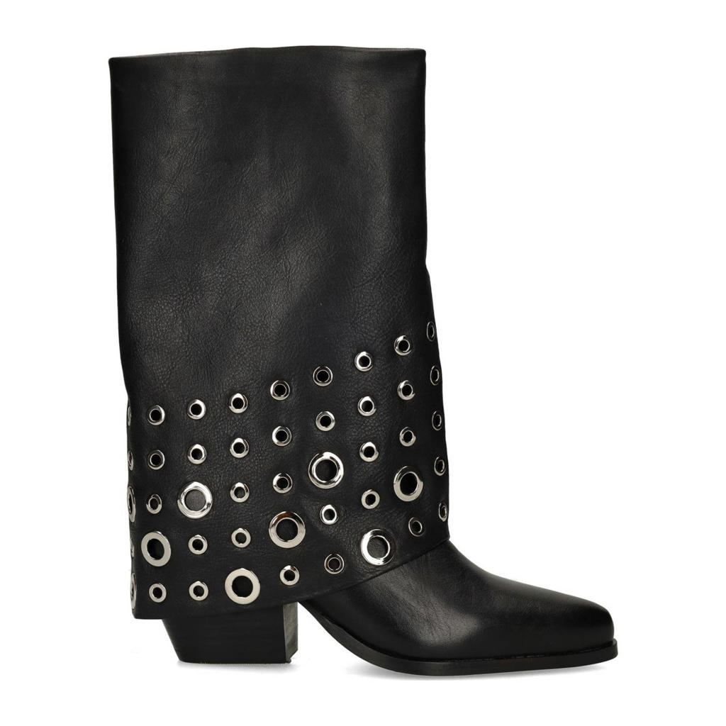 Zwarte dames Sacha leren halfhoge laarzen met flap en eyelets