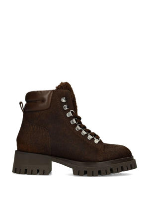 gevoerde leren veterboots met ponyhair donkerbruin