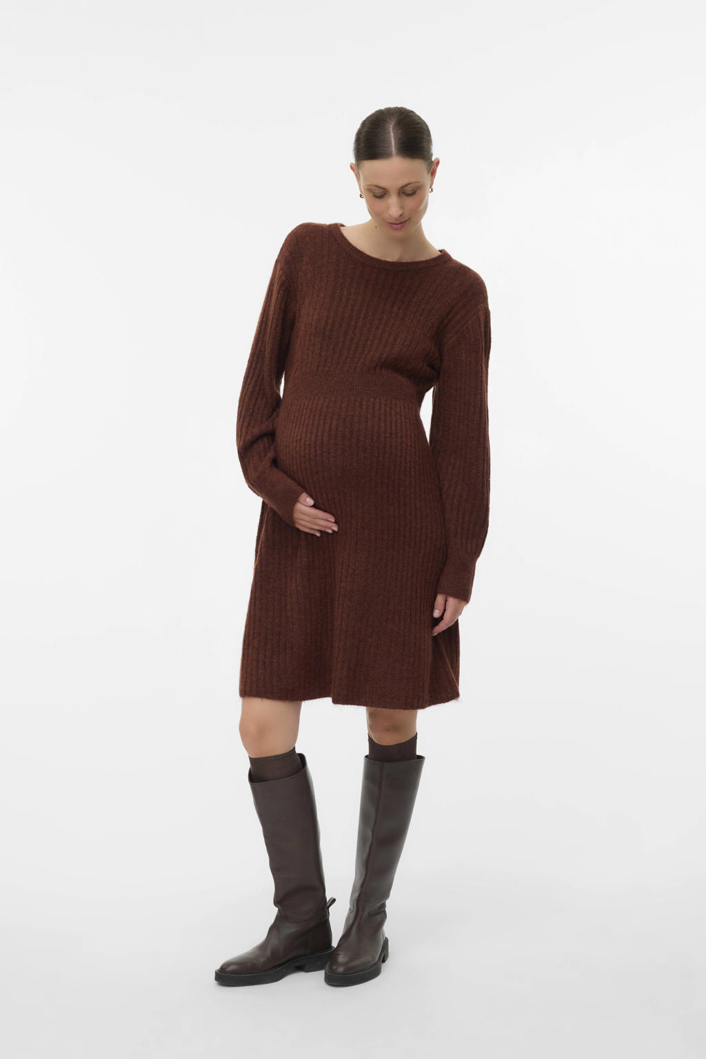 MAMALICIOUS zwangerschaps midi jurk rib gebreid roodbruin