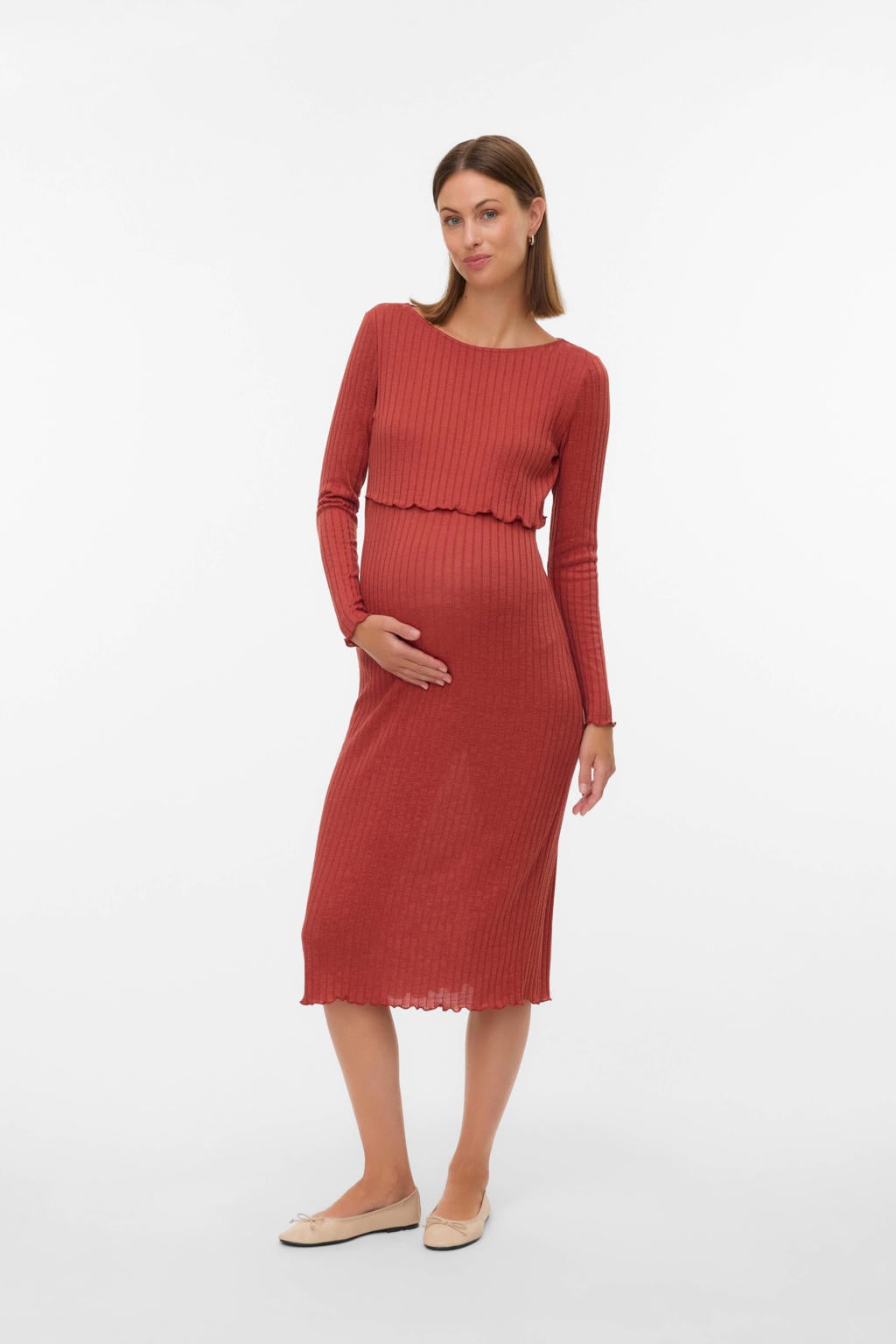 MAMALICIOUS zwangerschaps- en voedings midi jurk rib gebreid roodbruin