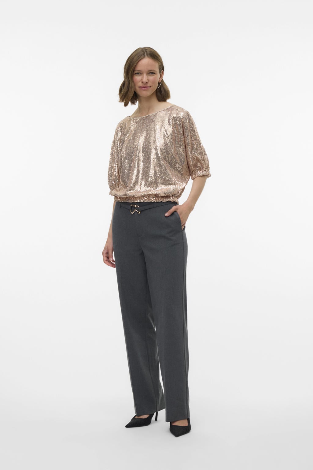 Champagne dames VERO MODA glitter top van polyester met effen, korte mouwen en boothals
