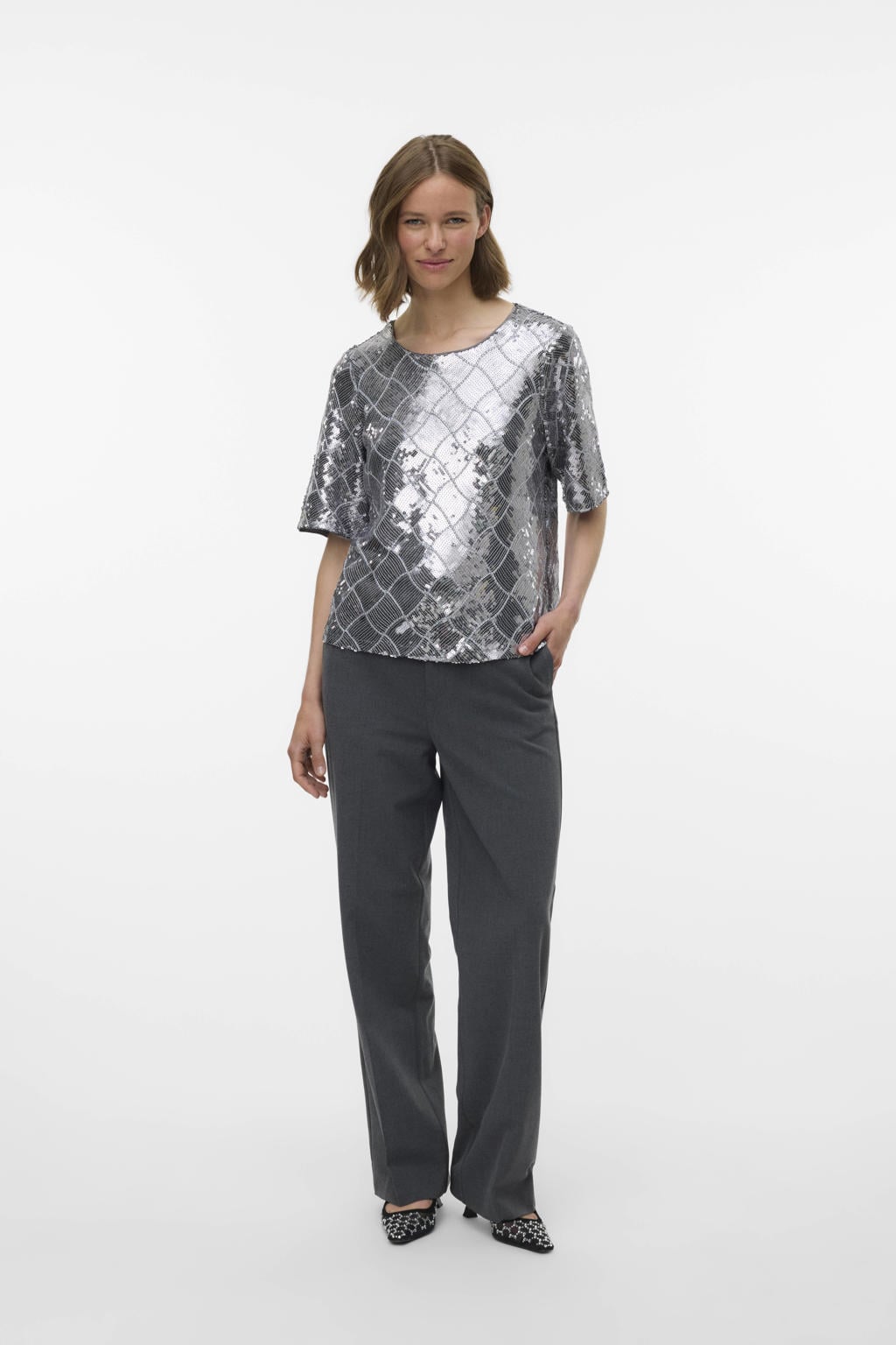 Zilverkleurige dames VERO MODA geruit glitter top van polyester met half lange mouwen, ronde hals en glimmend detail