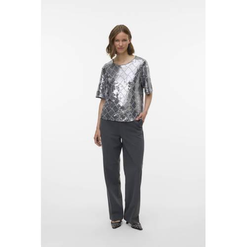 VERO MODA geruit glitter top zilver met pailletten afbeelding