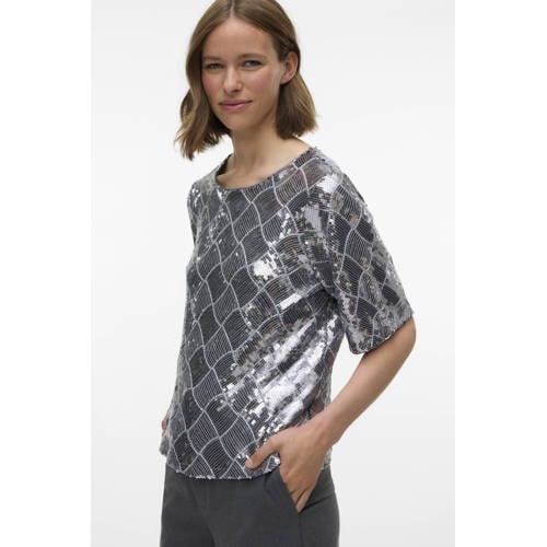 VERO MODA geruit glitter top zilver met pailletten afbeelding