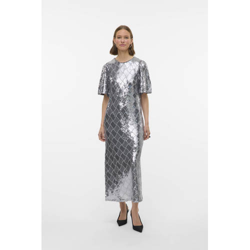 VERO MODA geruite midi jurk met pailletten zilver afbeelding