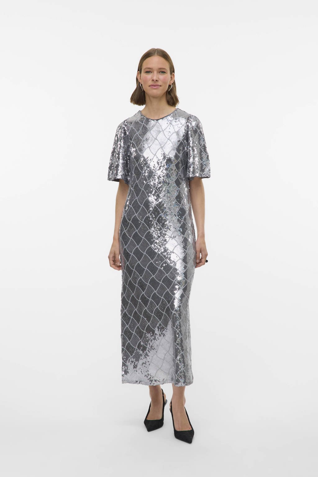 VERO MODA geruite midi jurk met pailletten zilver wehkamp
