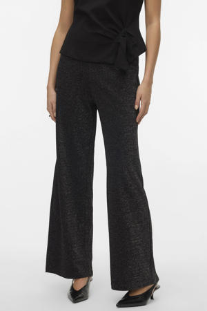 wide leg high waist casual broek zwart met glitter