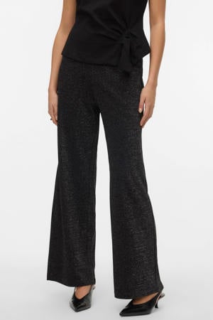 wide leg high waist casual broek zwart met glitter