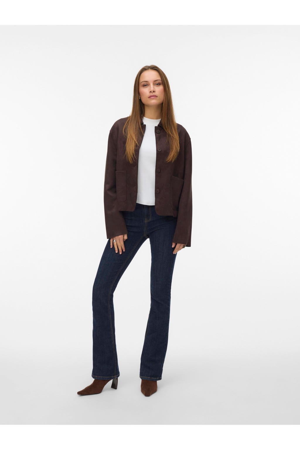 Donkerblauwe dames VERO MODA suede jasje met effen, lange mouwen, klassieke kraag en knoopsluiting