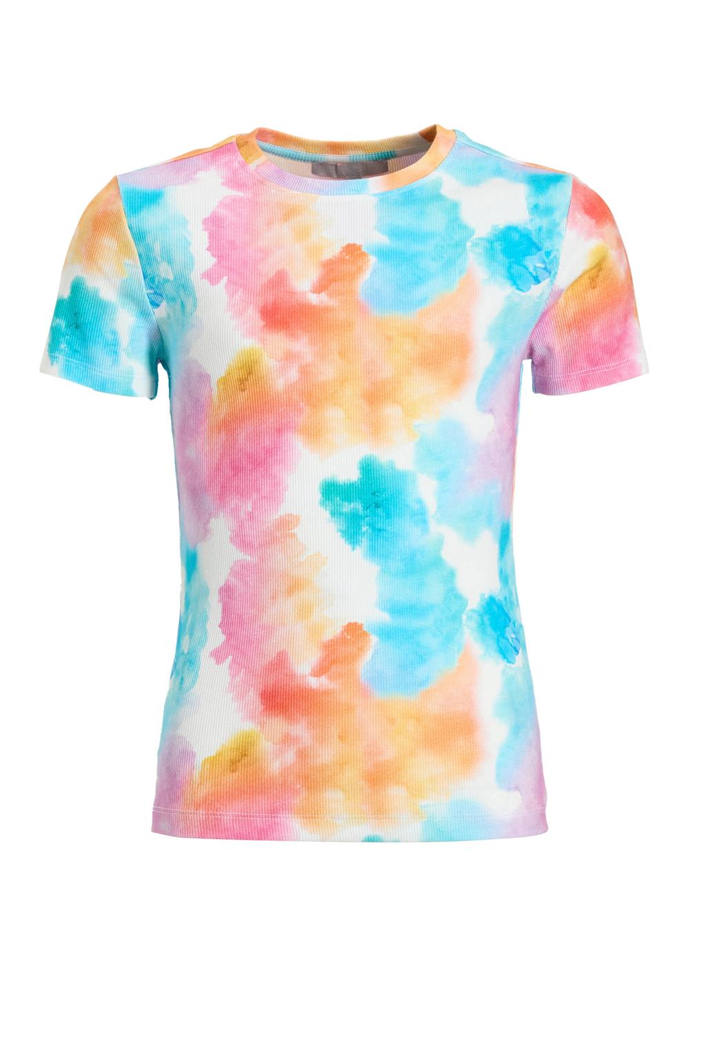 Roze, oranje en blauwe meisjes Coolcat T-shirt van stretchkatoen met tie-dye effect, korte mouwen en ronde hals