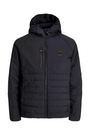 thumbnail: Zwarte heren JACK & JONES gewatteerde jas van polyester met effen, lange mouwen, capuchon, ritssluiting en doorgestikte details