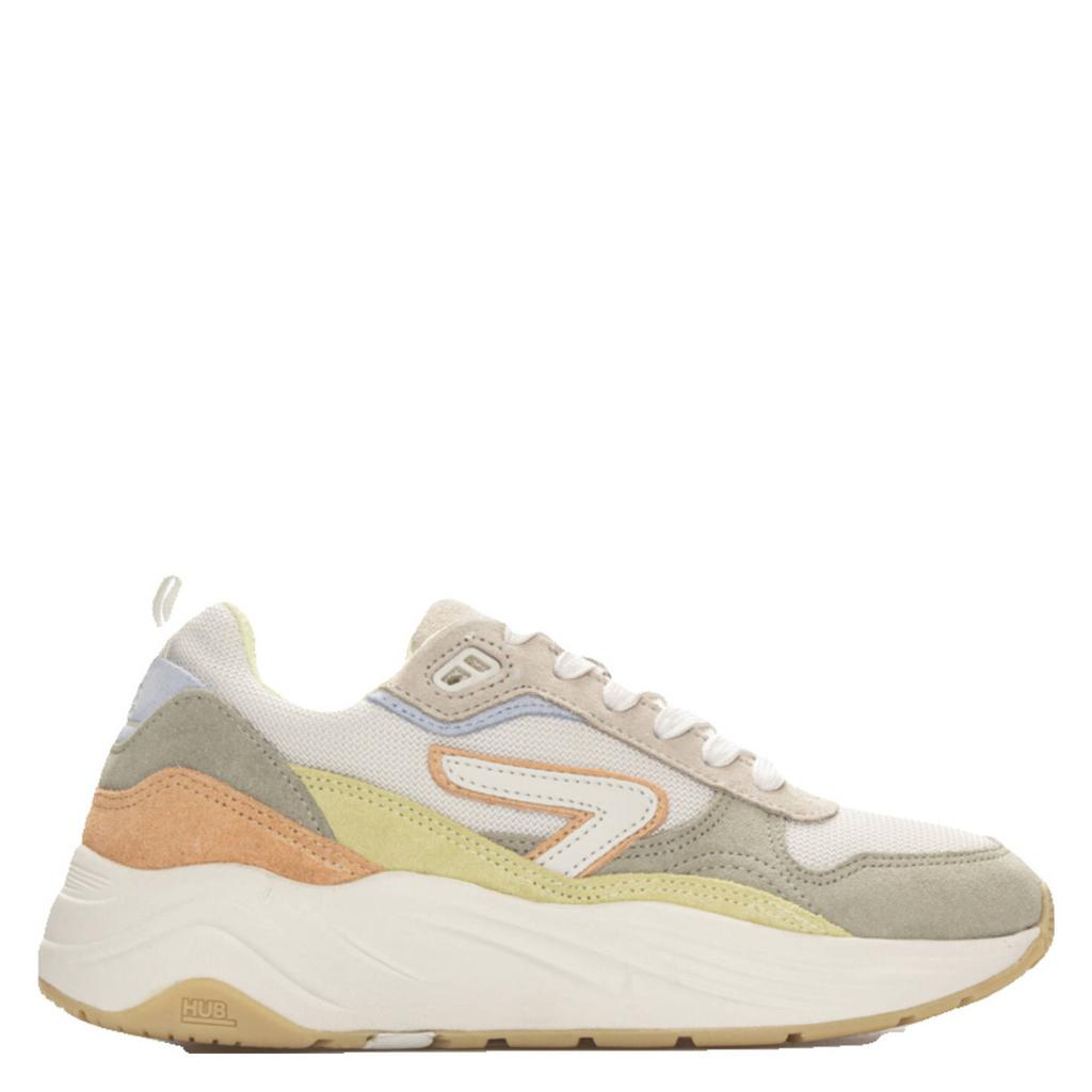 Beige, ecru en groene dames HUB Glide chunky sneakers van suède en mesh met veters