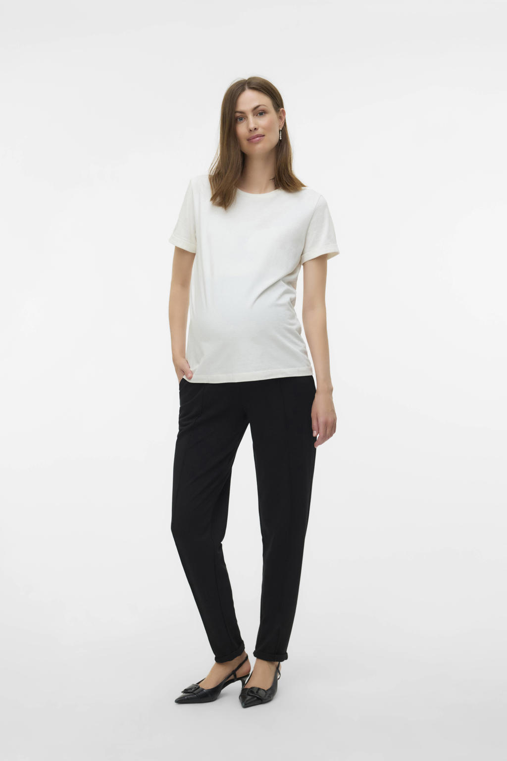 Zwarte dames MAMALICIOUS regular high waist zwangerschaps casual broek van viscose met elastische inzet en effen