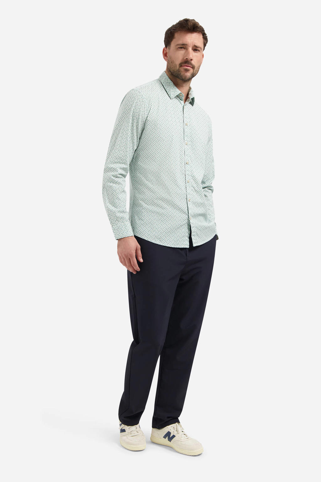Groene heren No Excess regular casual overhemd van katoen met lange mouwen, klassieke kraag en knoopsluiting