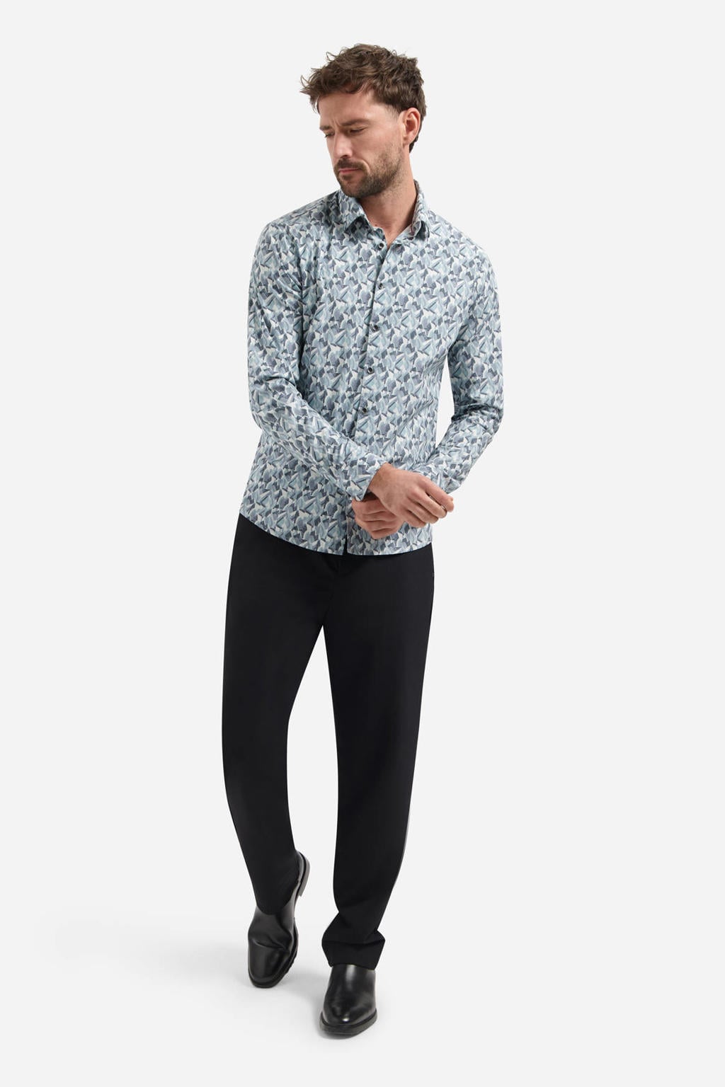Blauwe heren No Excess regular casual overhemd van katoen met lange mouwen, klassieke kraag en knoopsluiting