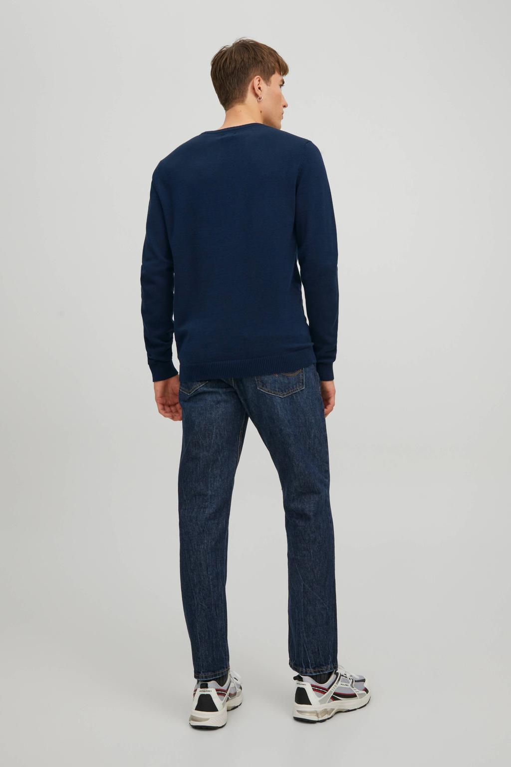 Donkerblauwe heren JACK & JONES ESSENTIALS pullover fijn gebreid van katoen met effen, lange mouwen en ronde hals