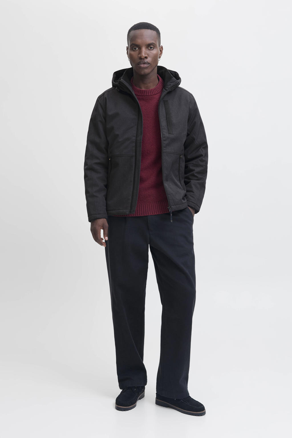 Zwarte heren JACK & JONES ESSENTIALS winterjas van polyester met effen, lange mouwen, capuchon en ritssluiting