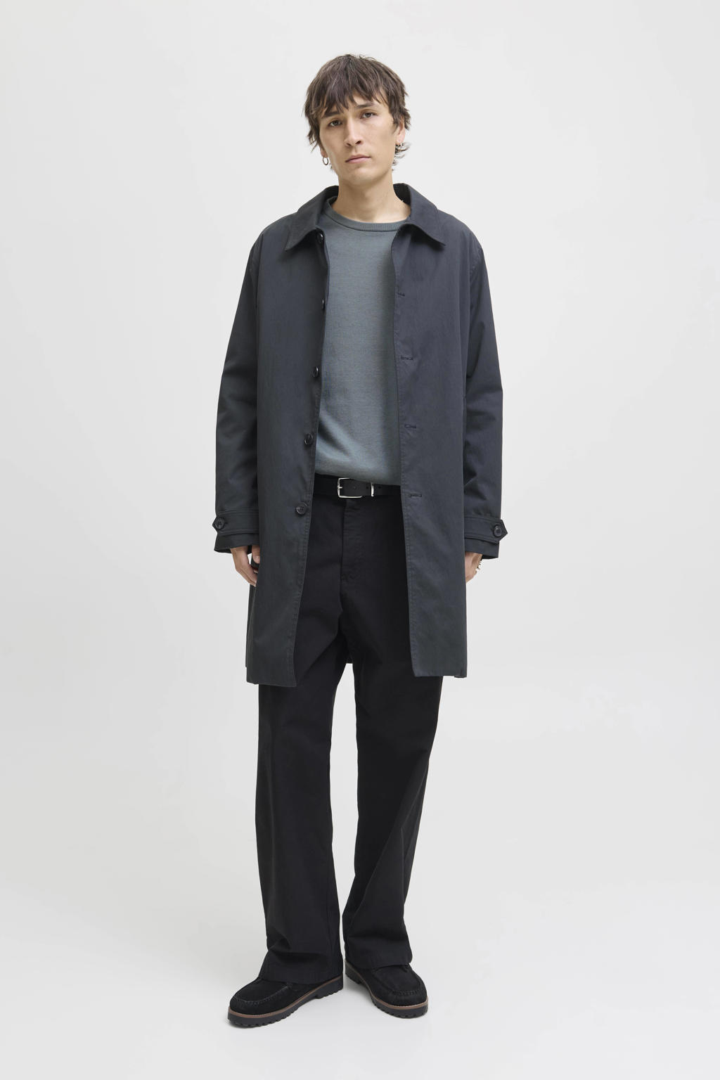 Grijsblauwe heren JACK & JONES ESSENTIALS gebreide trui blauw van katoen met effen, lange mouwen en ronde hals