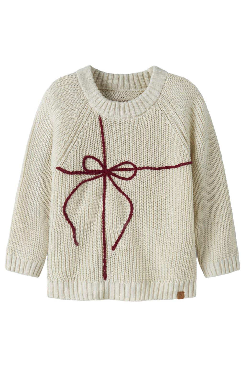 Ecru meisjes LIL' ATELIER MINI trui rib gebreid van katoen met effen, lange mouwen, ronde hals en borduursels