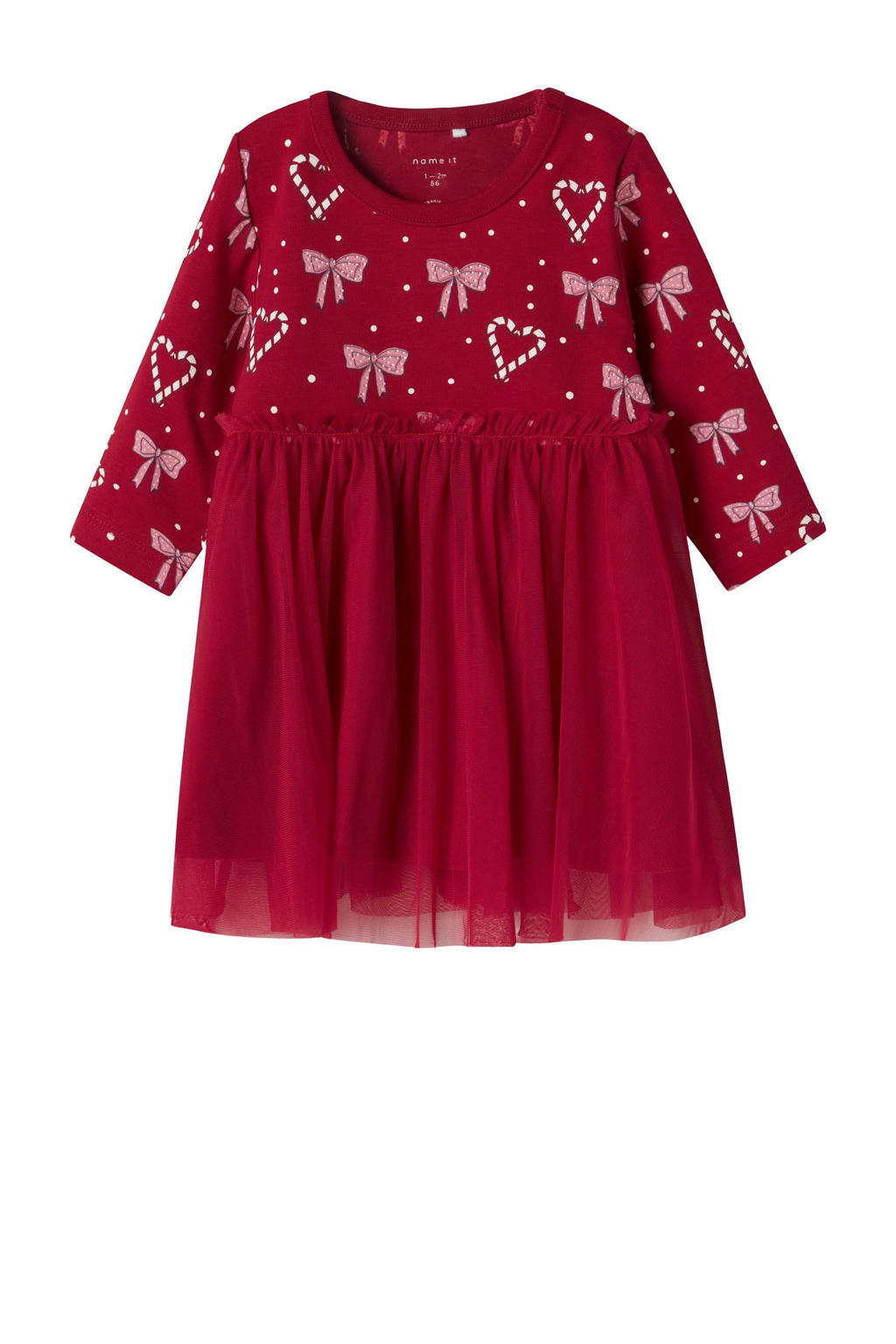 Rode meisjes NAME IT BABY midi jurk van stretchkatoen met lange mouwen, ronde hals, drukknoopsluiting en tule