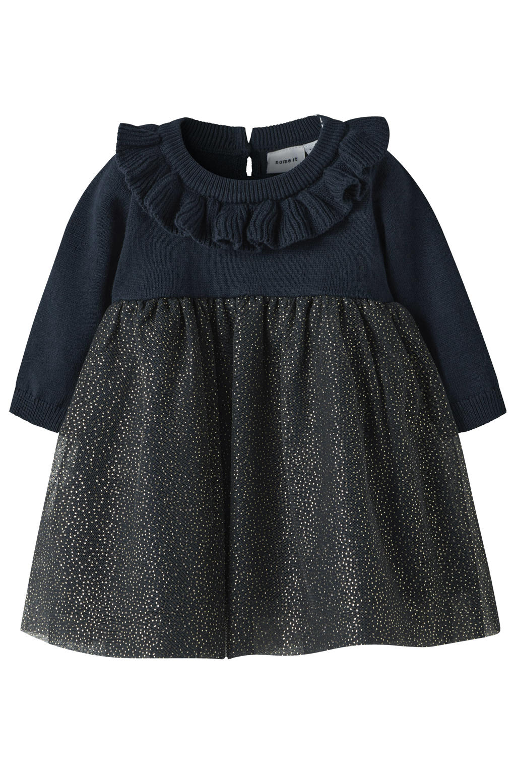 Donkerblauwe meisjes NAME IT BABY jurk van katoen met effen, lange mouwen, ronde hals, knoopsluiting en glitters