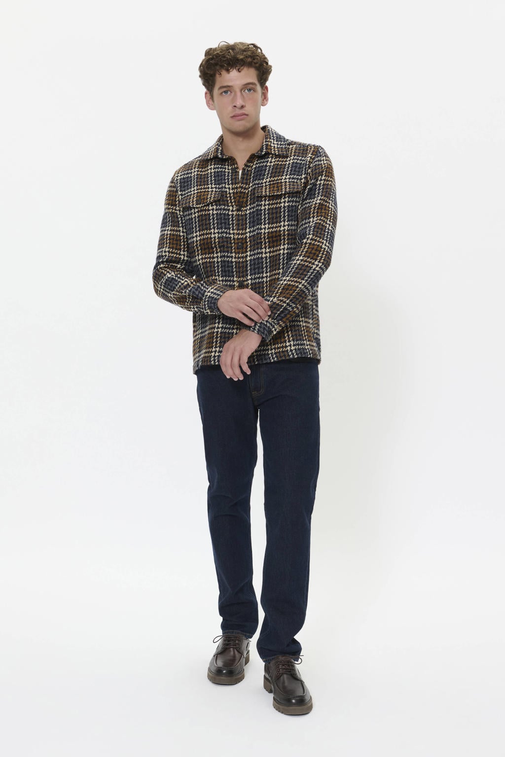 Bruine heren Matinique geruit overshirt van wol met lange mouwen, klassieke kraag en knoopsluiting