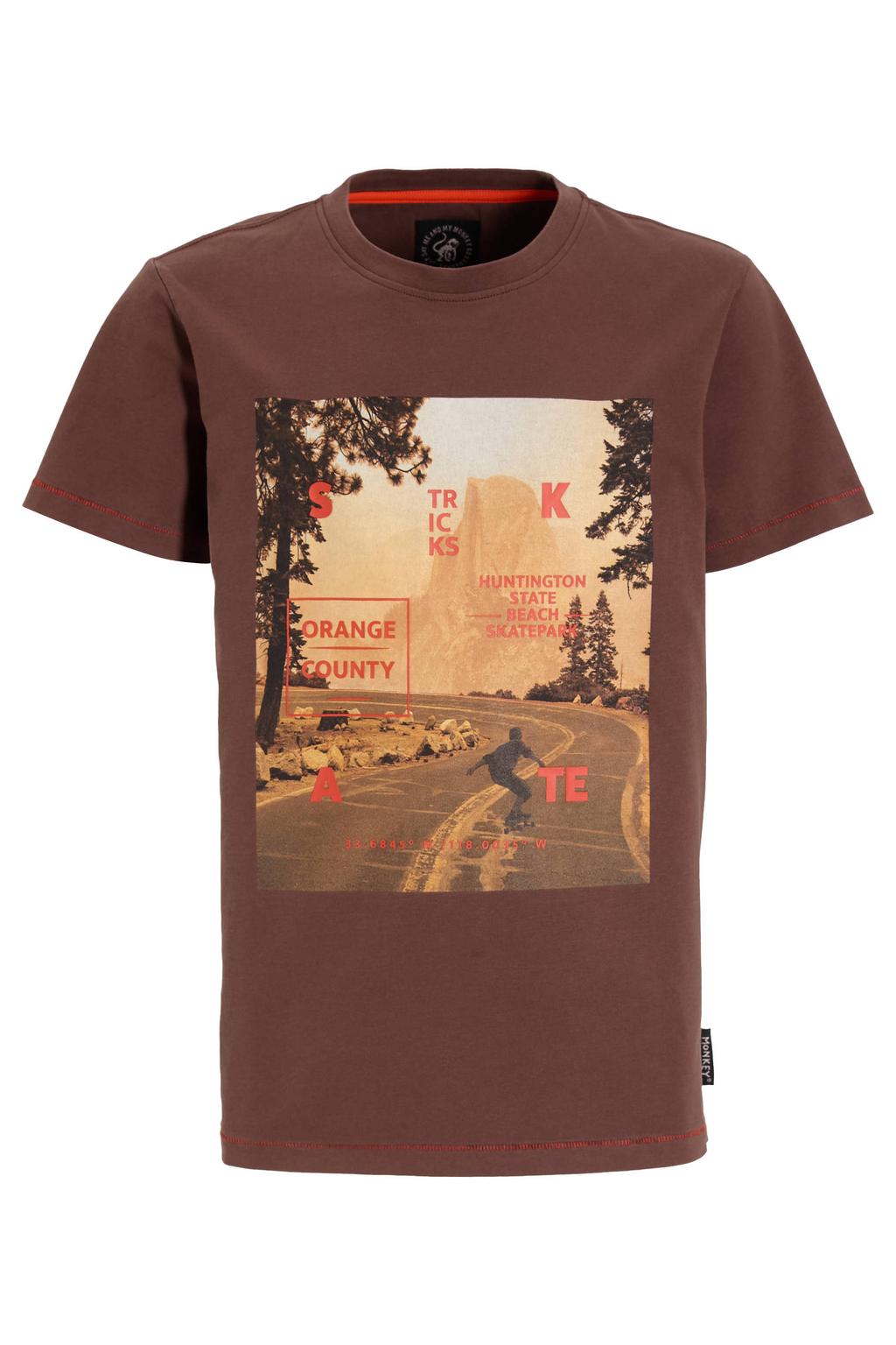 Bruine jongens Me & My Monkey T-shirt van katoen met printopdruk, korte mouwen en ronde hals