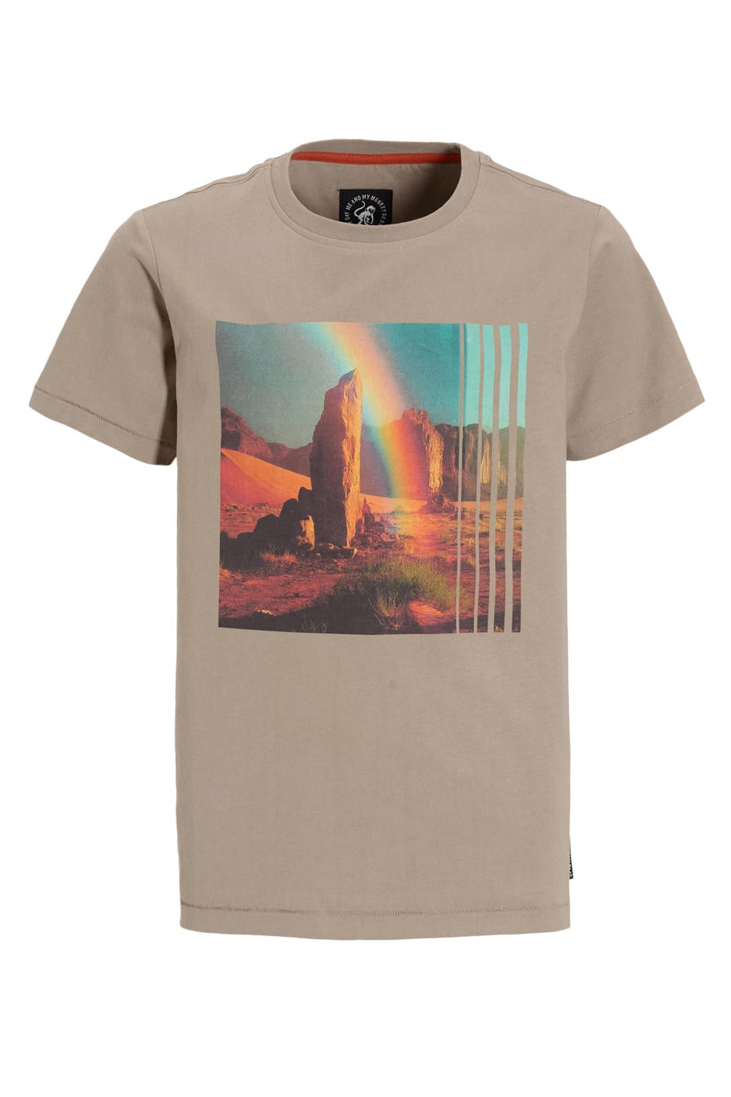 Zandkleurige jongens Me & My Monkey T-shirt van katoen met printopdruk, korte mouwen en ronde hals