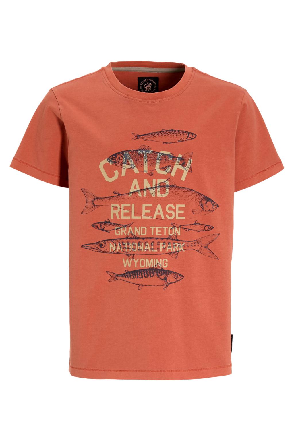 Oranje jongens Me & My Monkey T-shirt van katoen met printopdruk, korte mouwen en ronde hals
