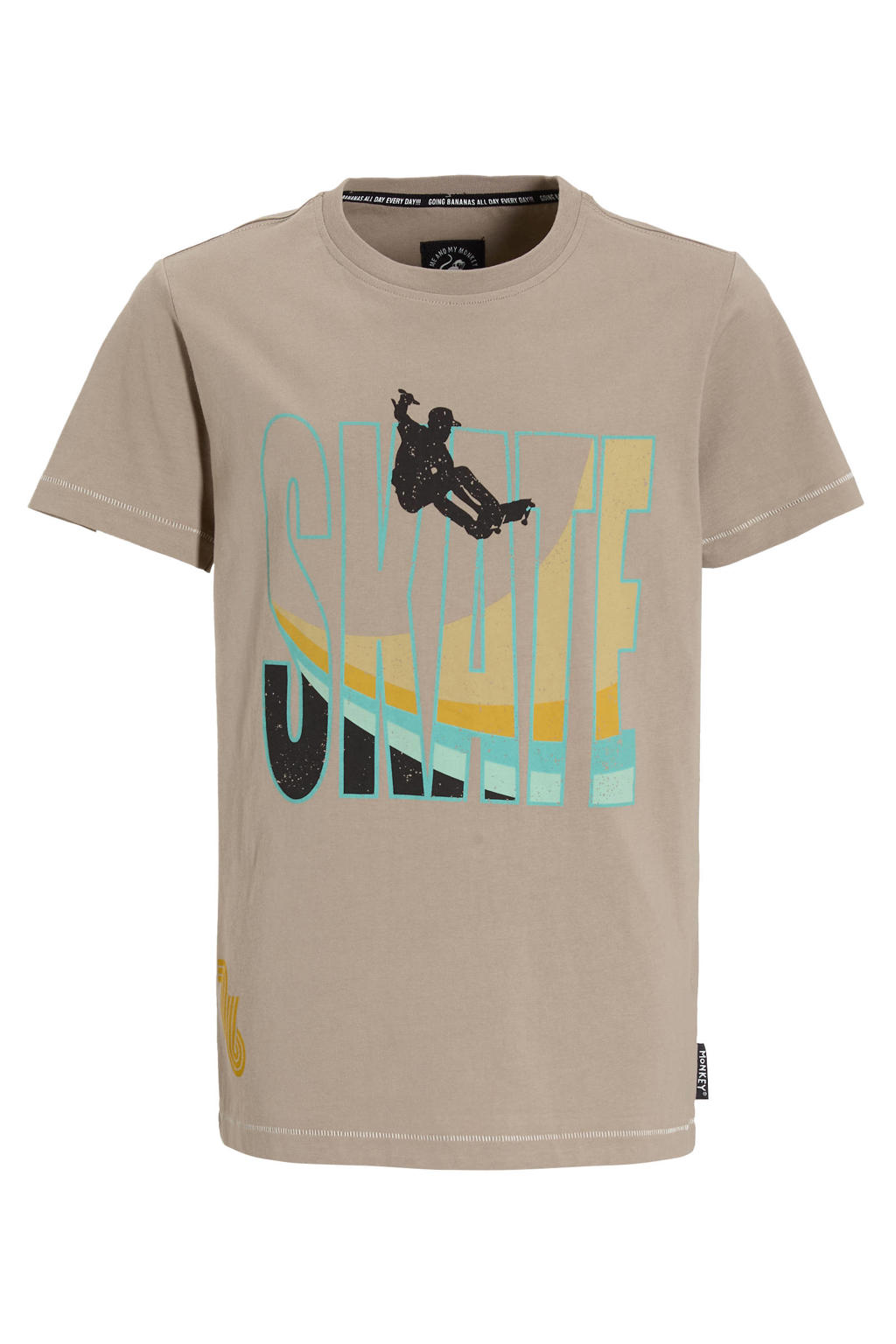 Kakikleurige jongens Me & My Monkey T-shirt van katoen met printopdruk, korte mouwen en ronde hals