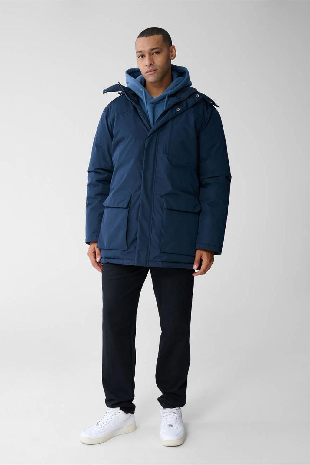 Blauwe heren Shoeby winterjas van polyester met effen, lange mouwen, capuchon en drukknoopsluiting