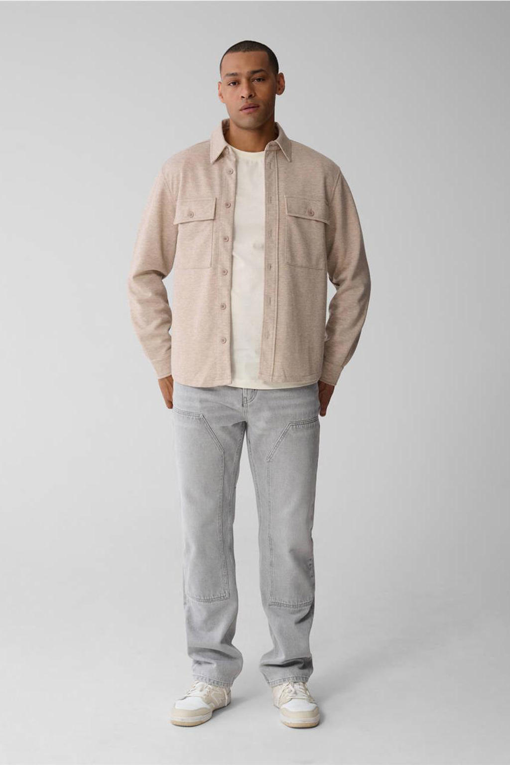 Beige heren Shoeby overshirt van polyester met effen, lange mouwen, klassieke kraag en knoopsluiting