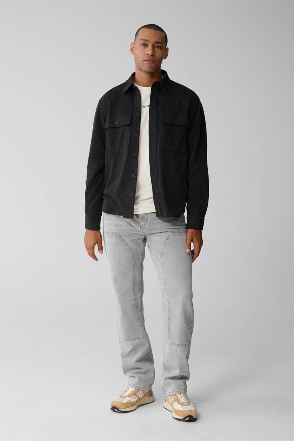 Grijze heren Shoeby overshirt van wol met effen, lange mouwen, klassieke kraag en knoopsluiting