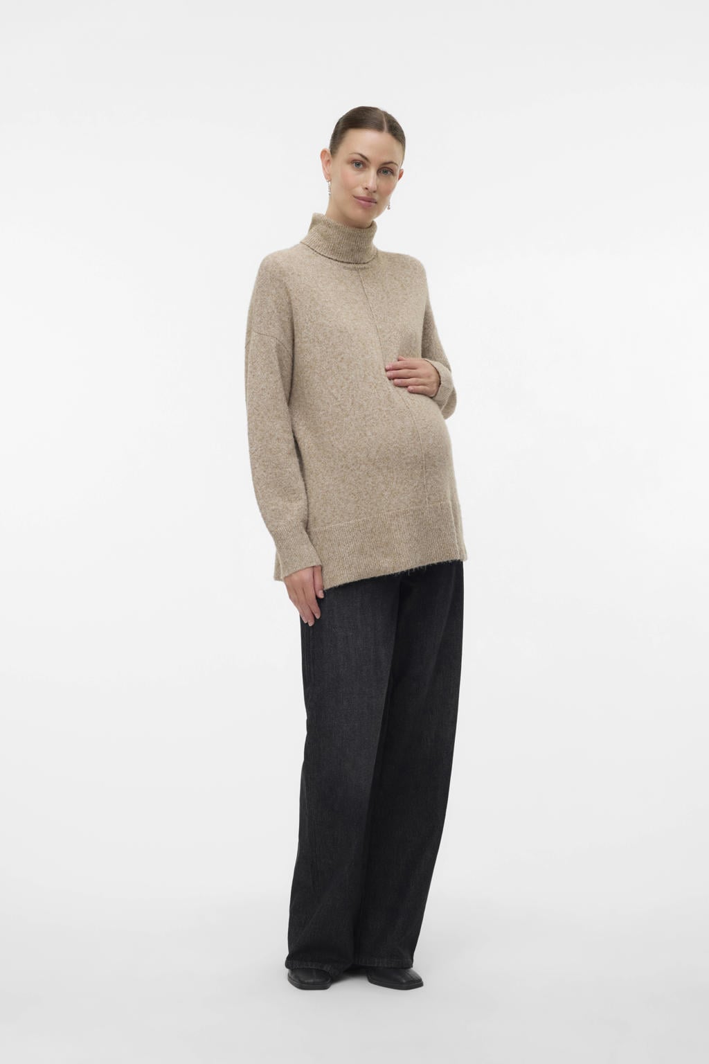 Beige dames VERO MODA MATERNITY zwangerschaps trui gebreid van polyester met effen, lange mouwen en col