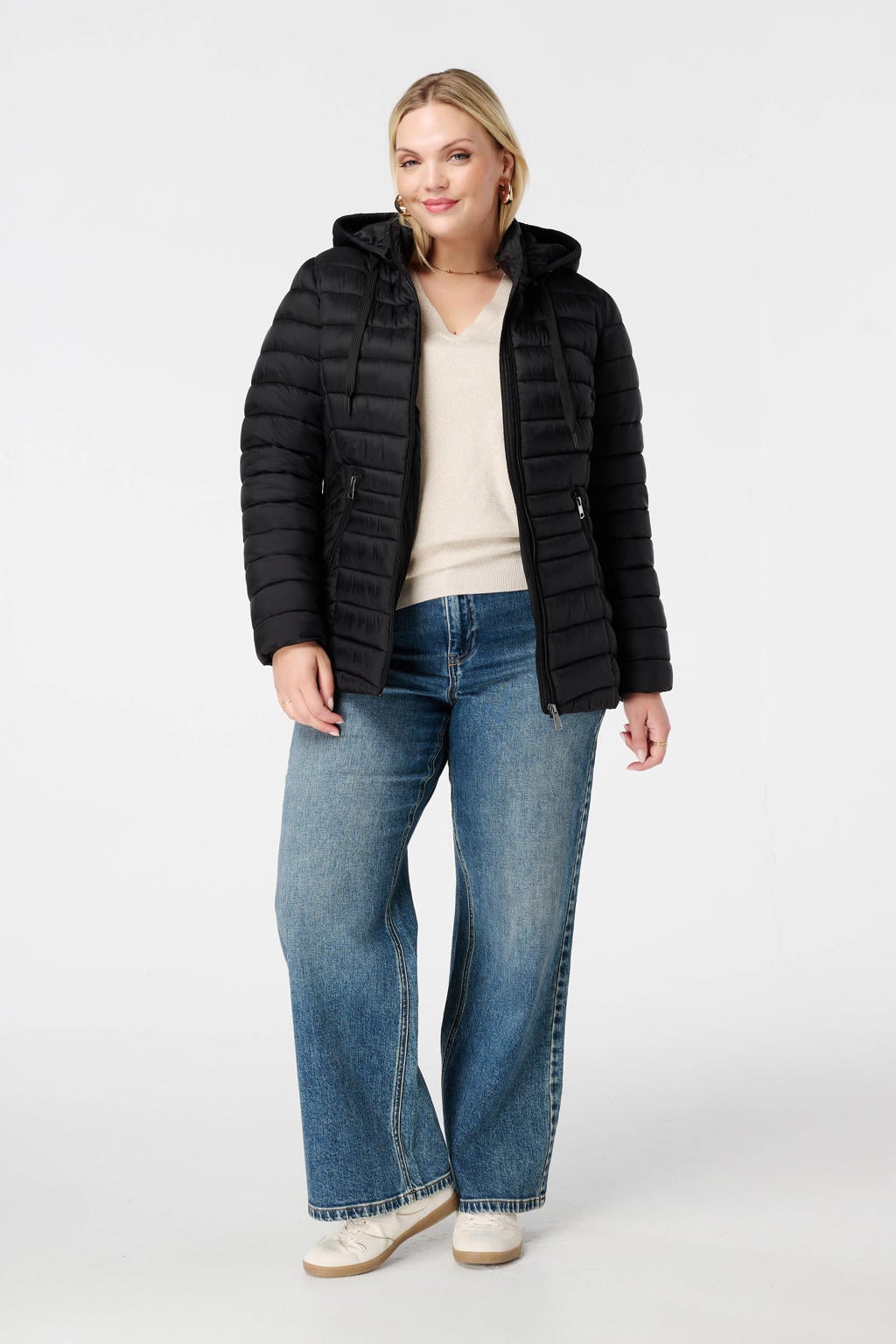 Zwarte dames MS Mode gewatteerde jas van polyester met effen en lange mouwen