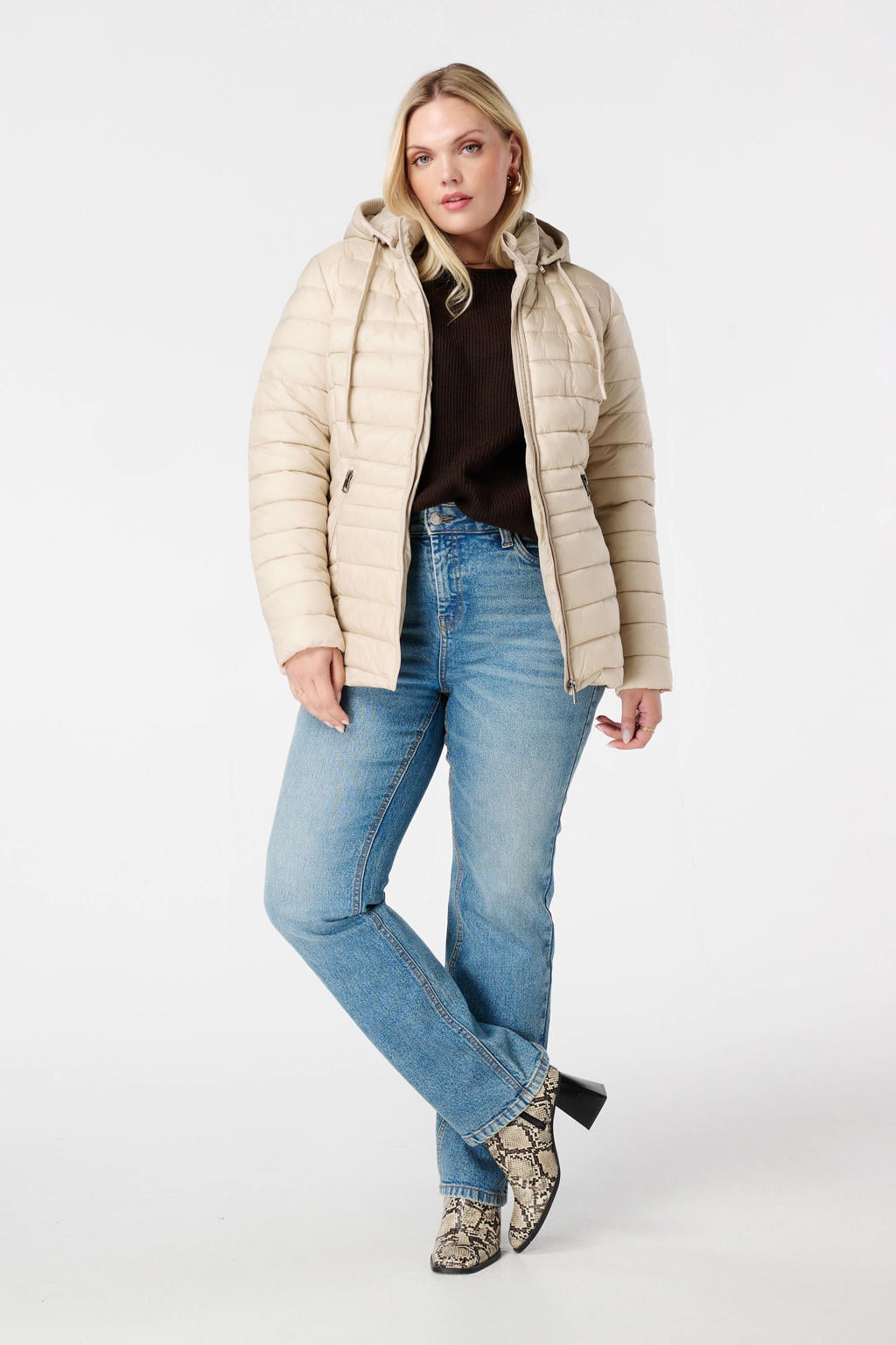Ecru dames MS Mode gewatteerde jas van polyester met effen en lange mouwen