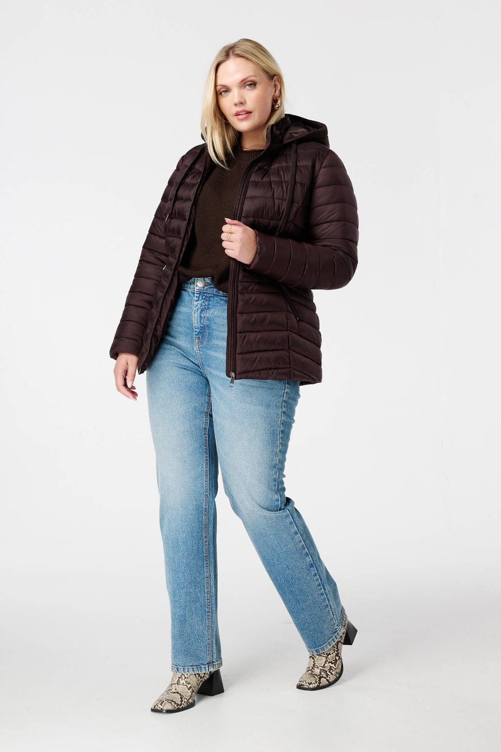 Donkerblauwe dames MS Mode gewatteerde jas van polyester met effen en lange mouwen