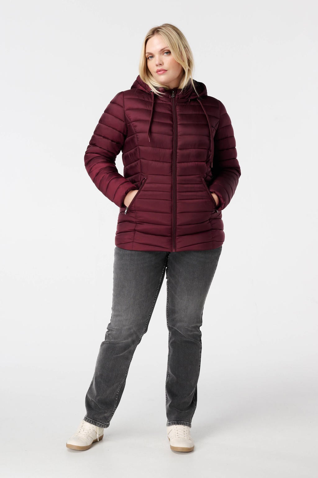 Donkerrode dames MS Mode gewatteerde jas van polyester met effen en lange mouwen